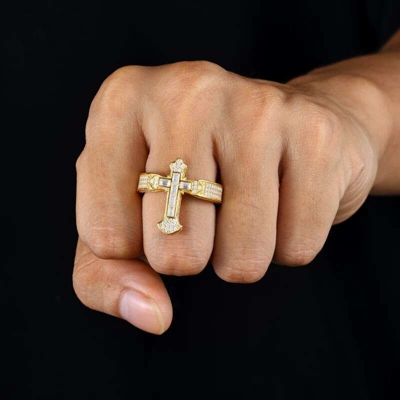 Cross-shaped Hip-hop Trendy Men's Super Flash T Cubic Zirconia Ring