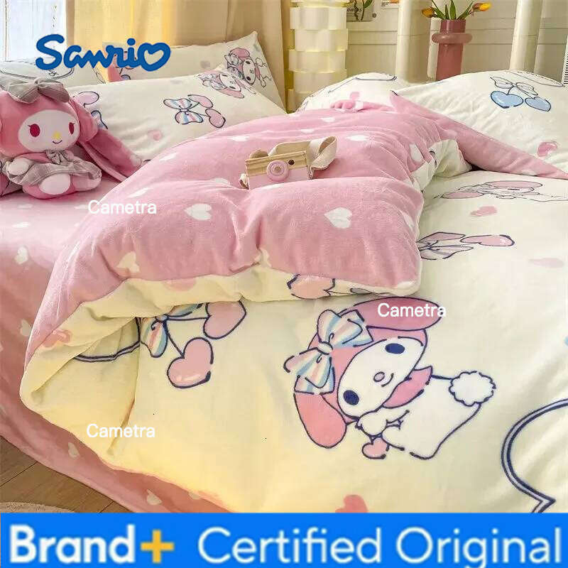 Sanrio Cartoon Milk Fleece 3kg Cinnamoroll Melody Four-piece Kuromi Flannel Three-piece Quilt Cover Sheet Pillowcase H260205