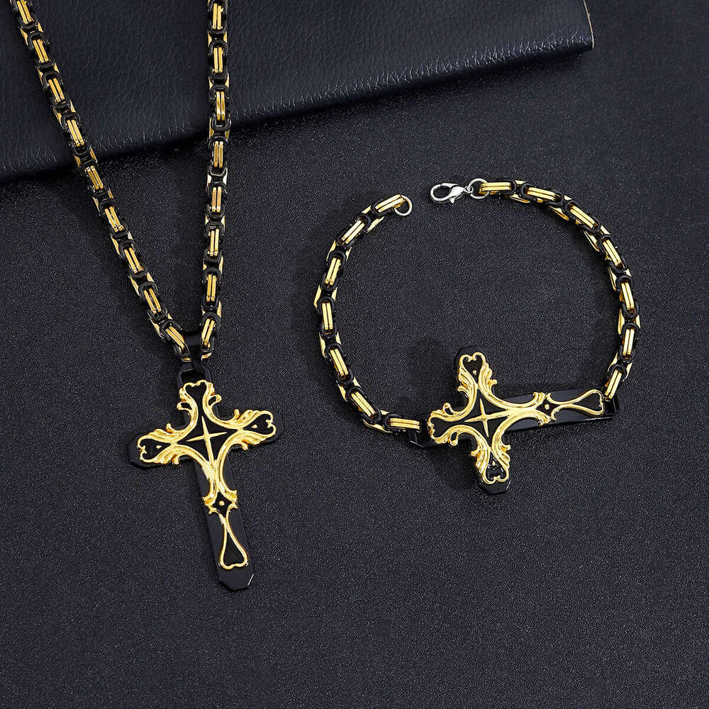 Hot-Selling Retro Cross Pendant Necklace Bracelet Set Women's Fashion Men's Jewelry