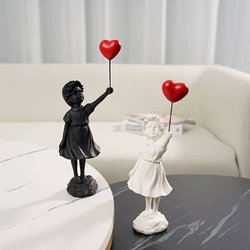 Statue, Girl's Love Art Sculpture, Crafts Home Statues, Girl with Balloon Resin Sculpture Figure S260204