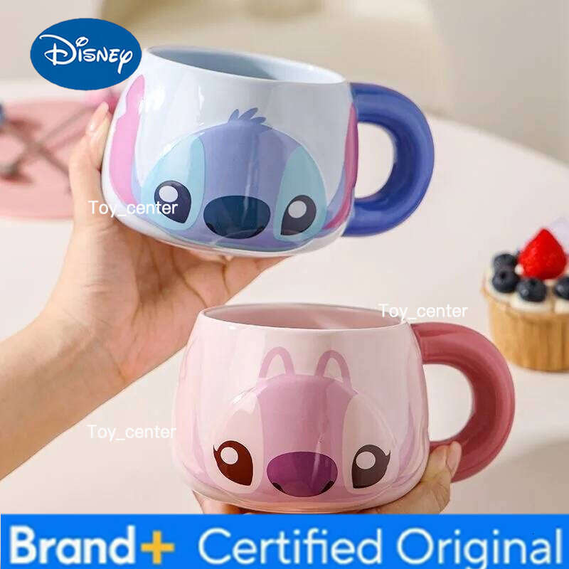 Disney Stitch Angel Mug Box 500ml Cartoon Spoon Ceramic Coffee Large Capacity Handle Water Cup Child Birthday Gift H260205