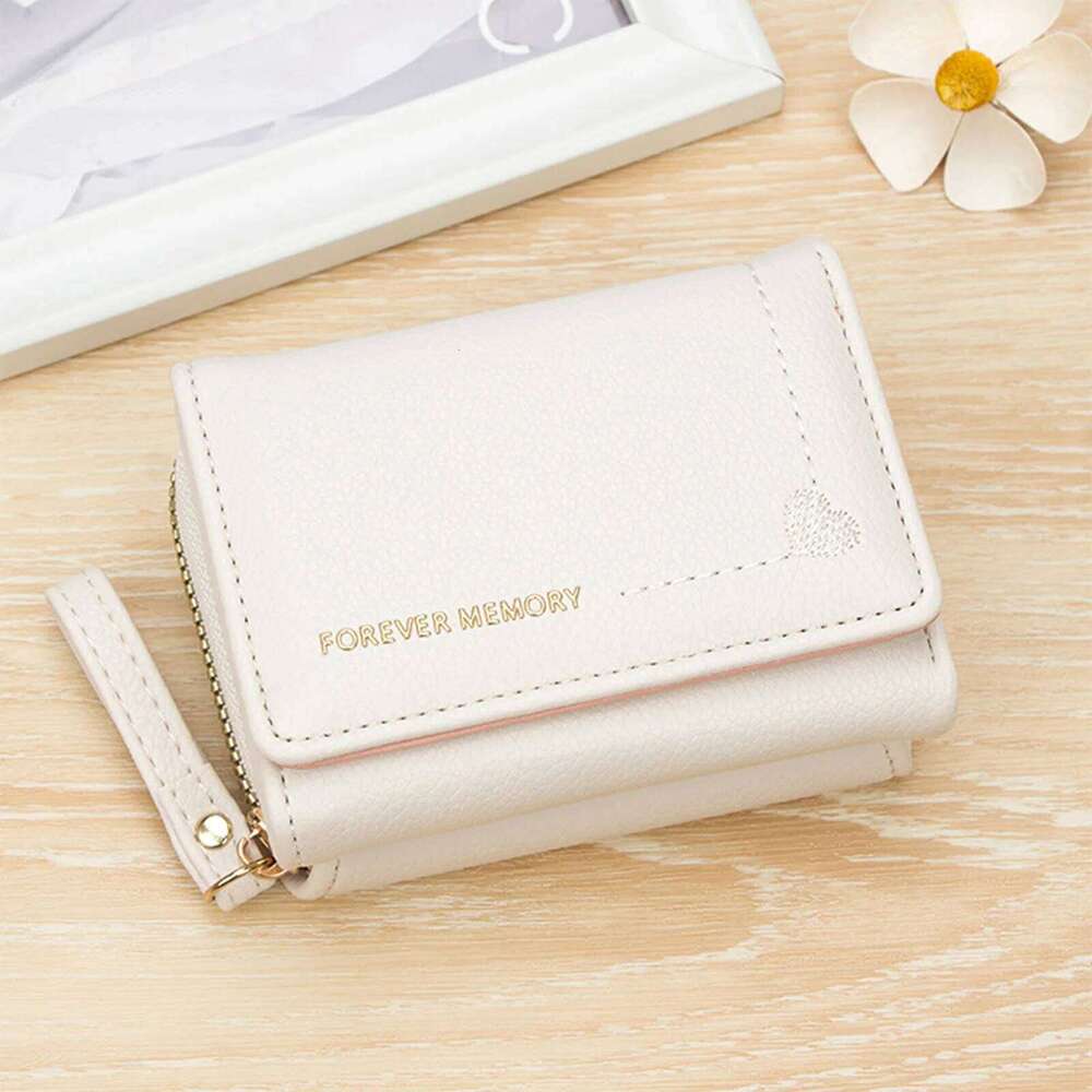Women Short Tri-fold Wallet with Heart Embroidery Multiple Slots Compact Card Holder Lightweight Purse Organizer Z260205