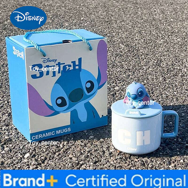 Disney 450Ml Kawaii Lilo & Ceramic Mug with Lid Anime Cartoon Stitch Couple Coffee Office Home Large Capacity Water Cup H260205