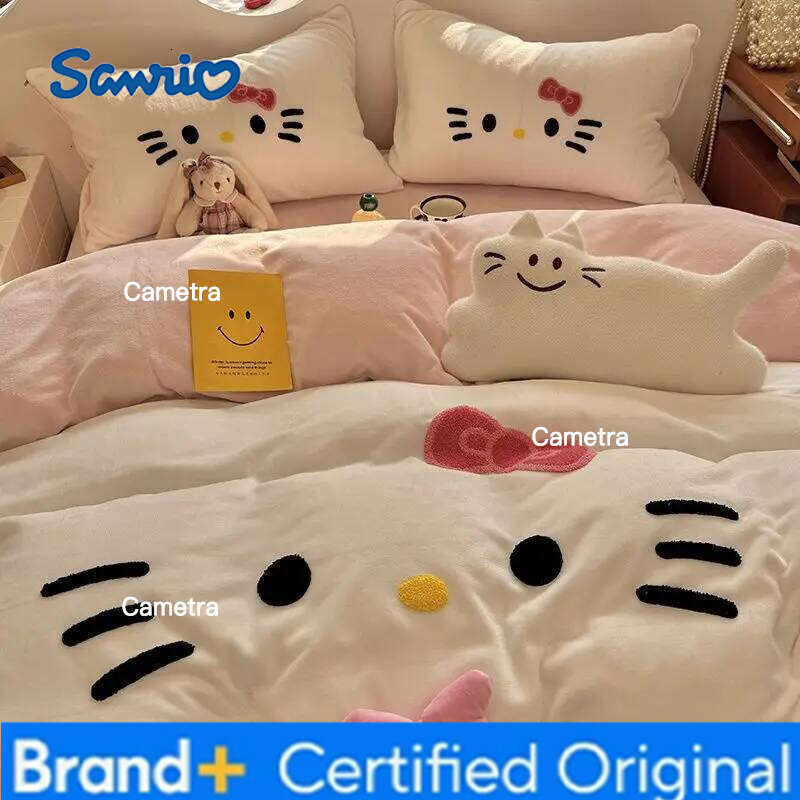 Sanrio INS KT CAT Milk Four-piece Farai Coral Fleece Quilt Cover Bed Sheet Three-piece Set H260205