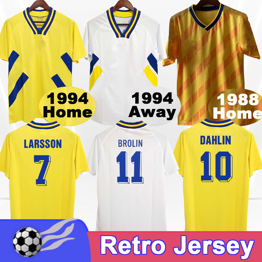 1994 LARSSON Retro Mens Soccer Jerseys National Team Sweden INGESSON DAHLIN 1988 Home Yellow Away White Football Shirts Vintage Adult Uniforms