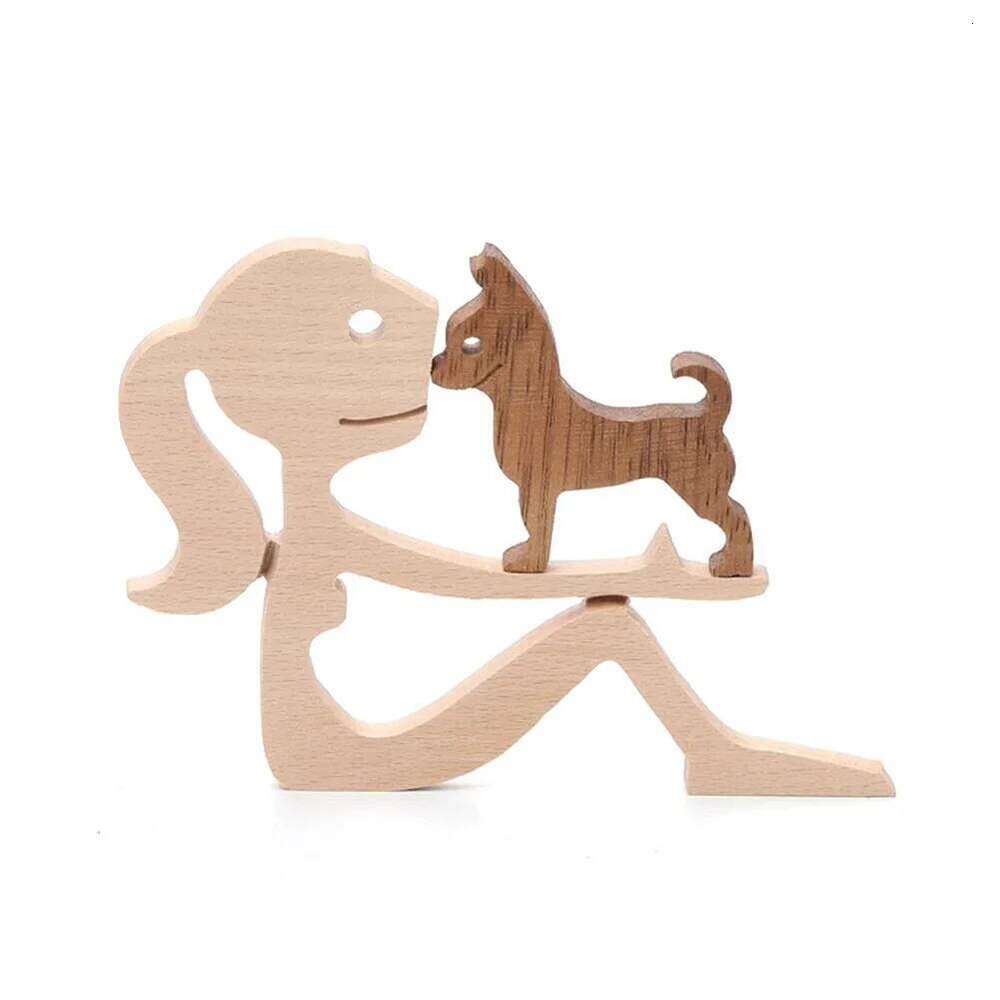 Wooden Dog And Human Craft Figurin Creative 3D Home Office Decoration Man Statue Wood Toy Desk ECO Friendly Free Shipping S260204