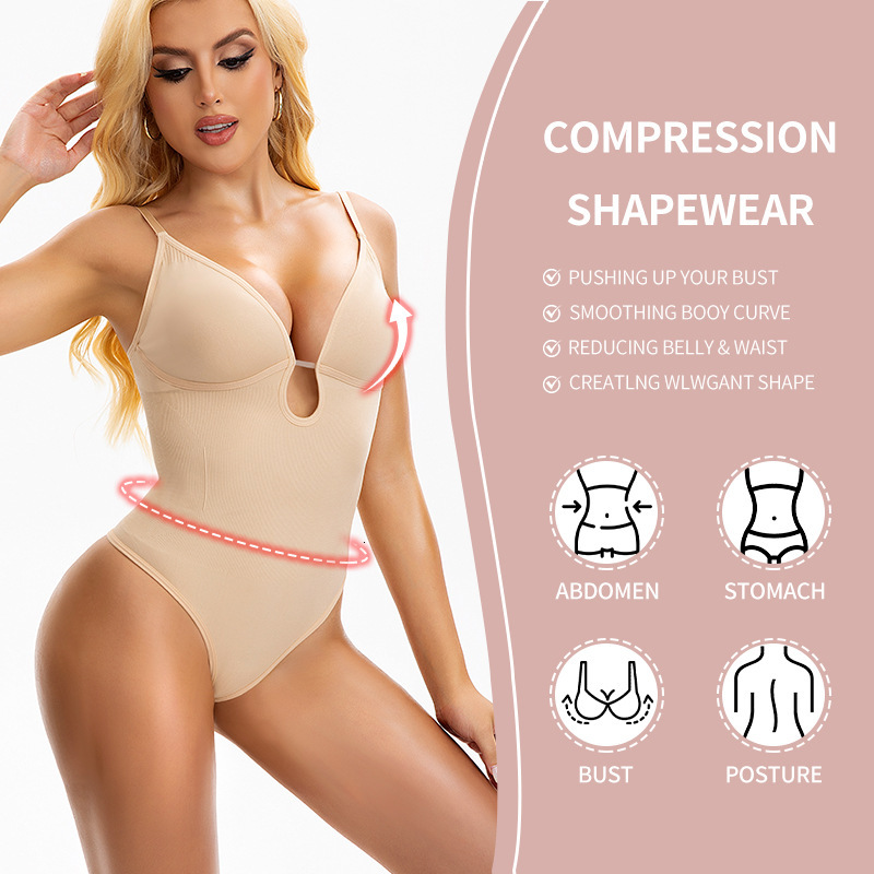 Sculpting Bodysuit Seamless Shapewear Plus Size European American Women's Shaping Deep V Backless Waist-Cinching Bodysuit Butt-Lifting Shaping Th