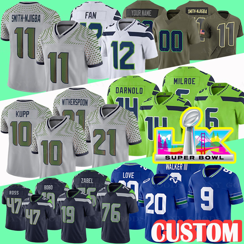 2025 New Football Jersey 11 Jaxon Smith-Njigba 10 Cooper Kupp 21 Devon Witherspoon 6 Jalen Milroe 14 Sam Darnold 9 Kenneth Walker III 76 Grey Zabel 19 Jake Bobo 20 Love