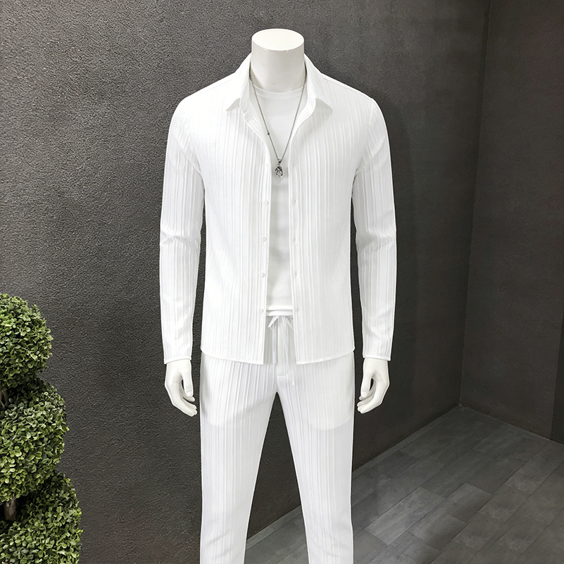 Men's 2 Piece Casual Set White Pinstripe Long Sleeve Shirt and Loose Pants Set