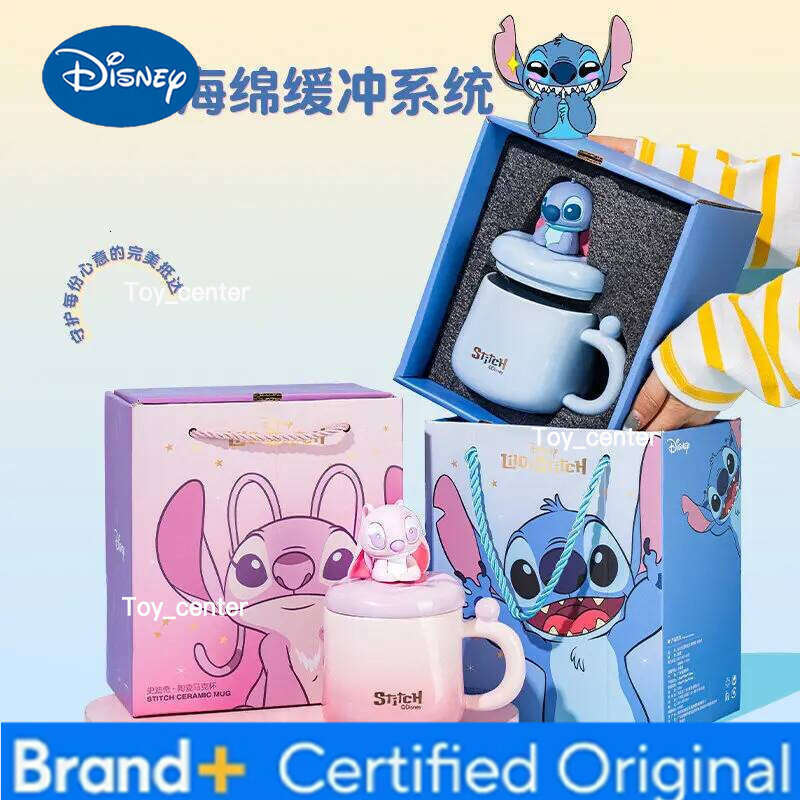 Disney Genuine Official Stitch Ceramic Mug With 3d Figurine Lid Couple Set Practical Birthday Gift Water Cup For Men Women H260205