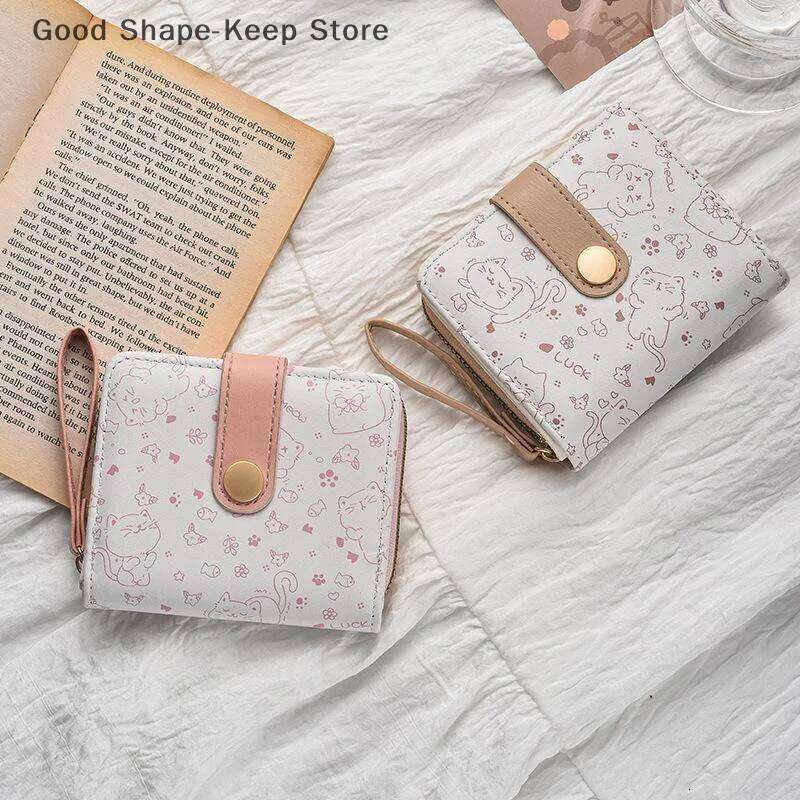 Fashion Short Folding Zipper Wallet ID Card Holder Cute Cat PU Leather Purse Women Travel Lightweight Cash Coin Bags Z260205