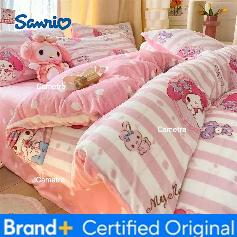 Sanrio Cartoon Milk Fleece 3kg Cinnamoroll Melody Four-piece Kuromi Flannel Three-piece Quilt Cover Sheet Pillowcase H260205