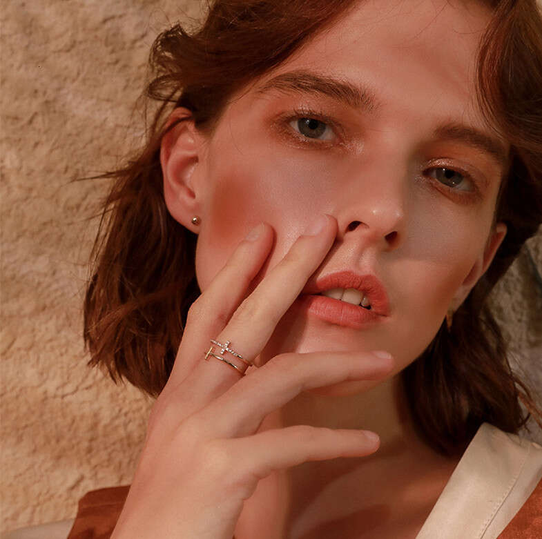 Silver-Plated Double-Layer Cross Open Rose Gold Inlaid with Diamonds Index Finger Ring Trendy Jewelry for Women