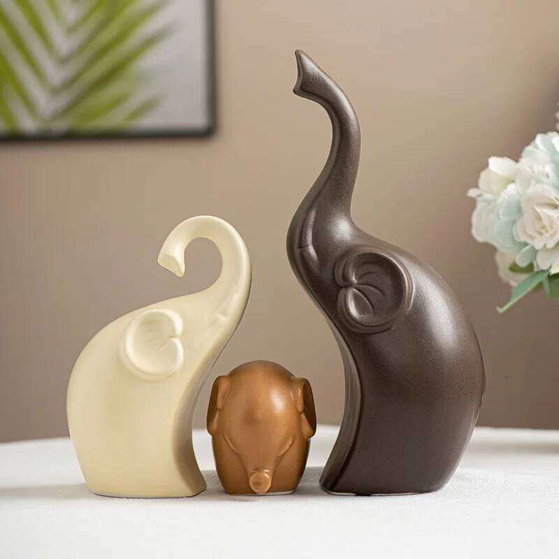 Family of Three Elephant Ornament Desktop Decoration Living Room Entrance Feng Shui Ceramic Animal Handicraft Figurines Objects S260204