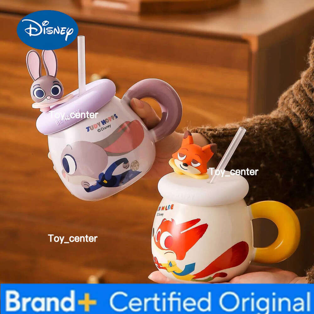 Disney Zootopia Large Capacity Water Cups Couple Cartoon Ceramic Breakfast Milk Mugs with Lid and Straw Creative Office Coffee Cup H260205