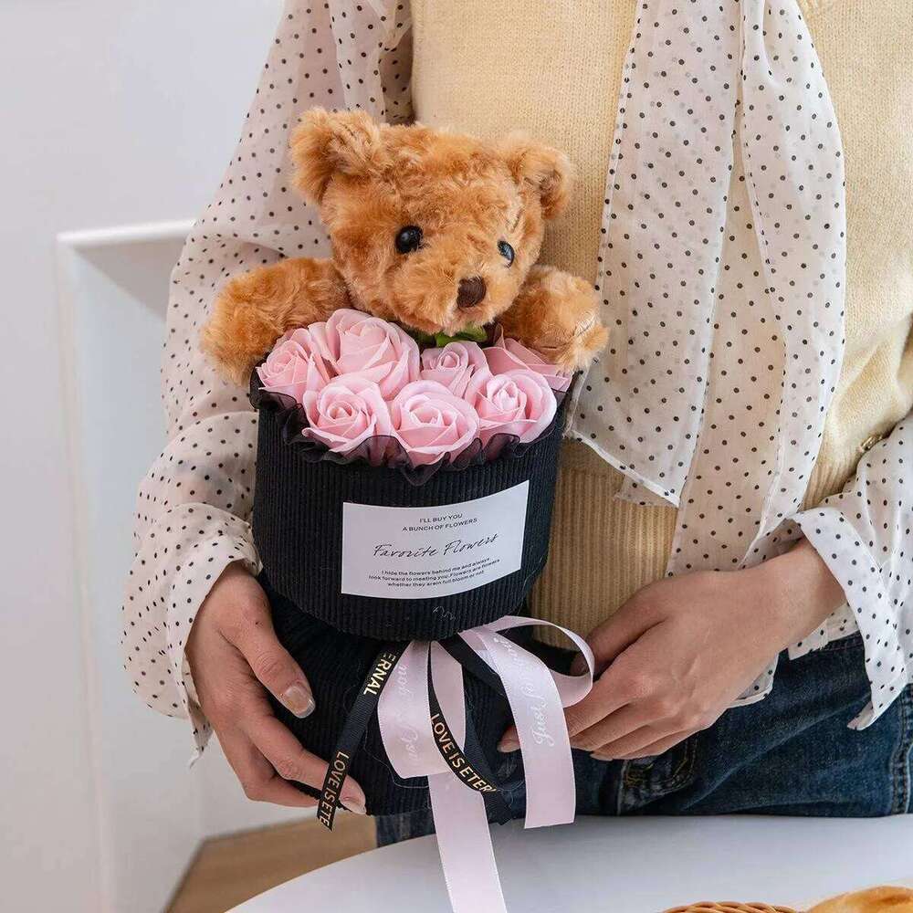 Valentine's Day Gift Her Rose Bouquet with Cute Bear Artificial Flower Home Decor for Living Room Bedroom Wedding Decoration S260204