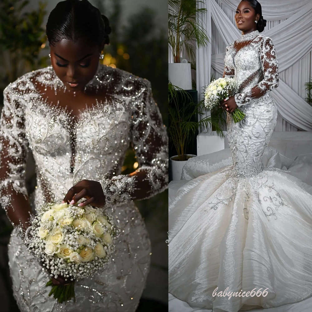 Aso Ebi Plus Size Ivory Mermaid Wedding Dress Lace Beaded Crystals Fulle Sleeves Sheer Neck Bridal Gowns Dresses 1230