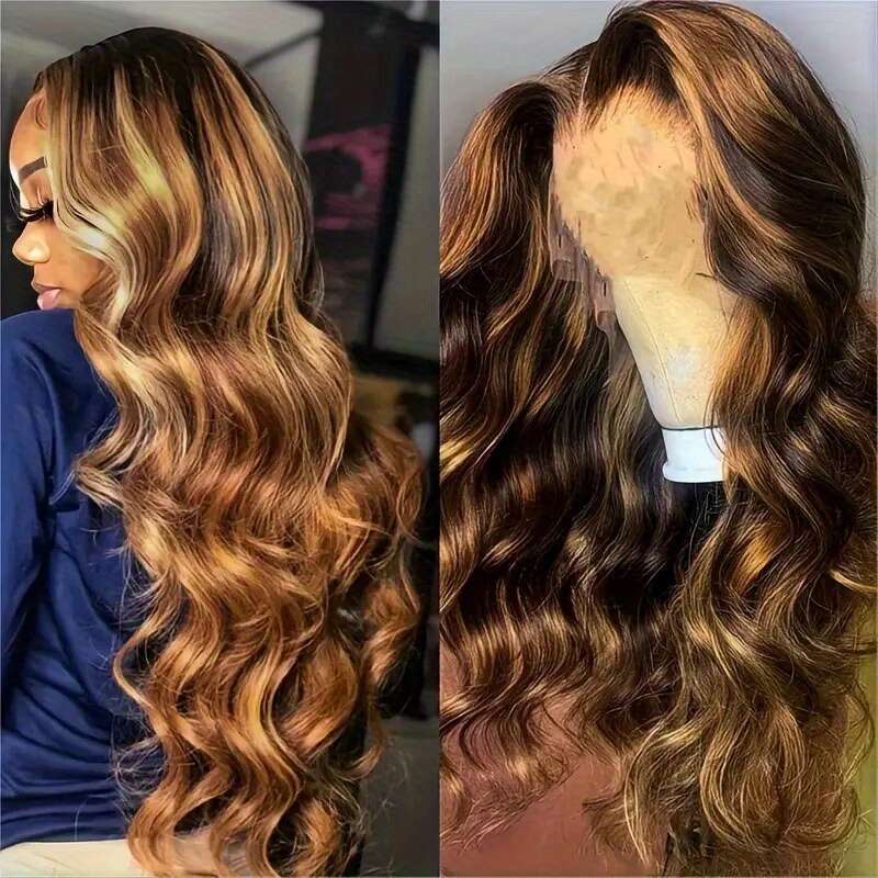 200 Density Highlight Human Front Wig With 13X4 HD Lace - Pre-Plucked Baby Hair & Natural Hairline, Honey Blonde Ombre Col Lighter To Darker, Body Wav