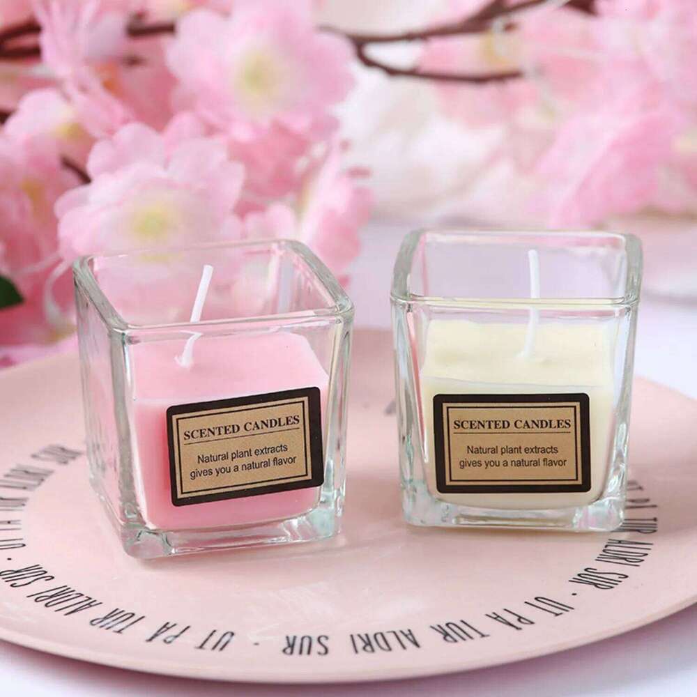 1pc Square Cup Colorful Smokeless Glass Candle Aromatherapy Ins Style Romantic Home Office Party Decor H260205