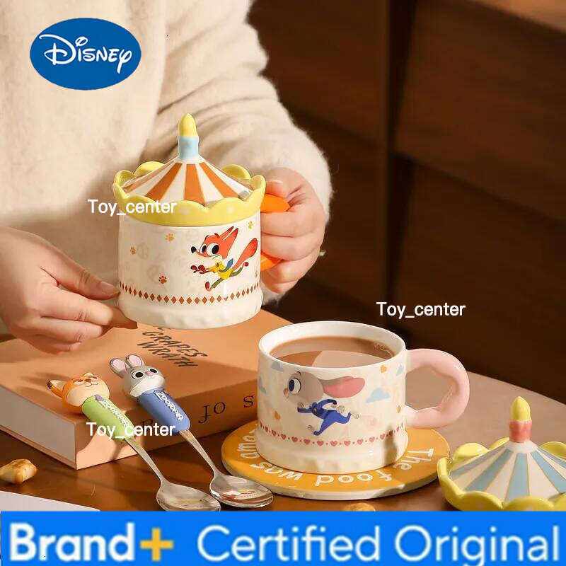 Disney Zootopia Judy Nick Couple Ceramic Mug With Carousel Lid And Spoon Cartoon Coffee Tea Cup Birthday Gift For Girls Couples H260205