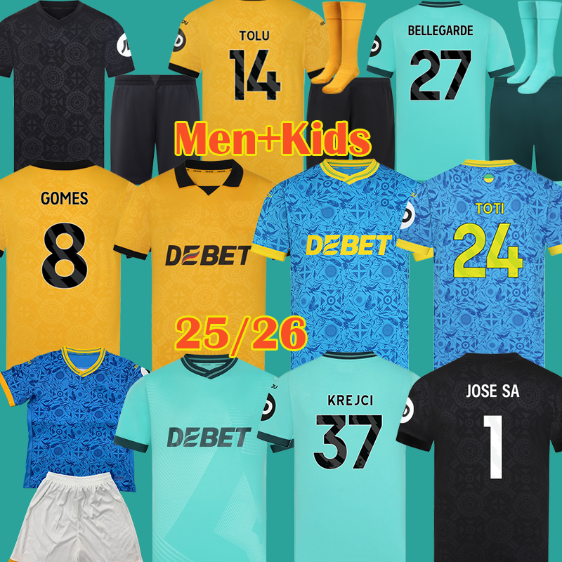 wolveses 25 26 Soccer Jerseys STRAND LARSEN GUEDES WOL Kit Wolverhamptons Wandererses Jersey 70 Year Anniversary WOLF Football Shirts GOMES uniform men Kids Kit