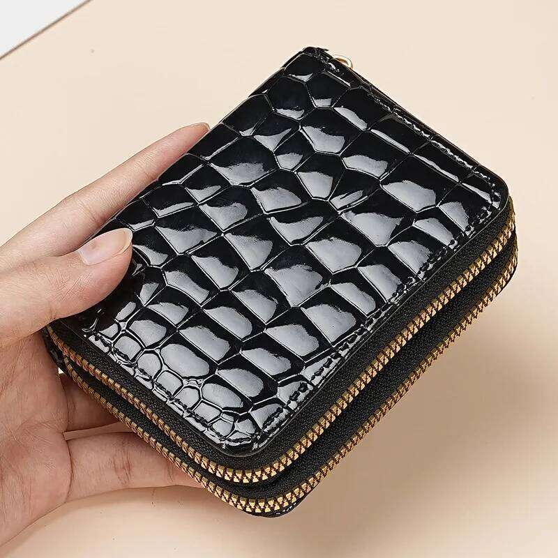 Women's Patent Leather Crocodile Pattern Accordion Holder - European Fashion Multi Card Slots Large Capacity Zip Coin Purse Z260205