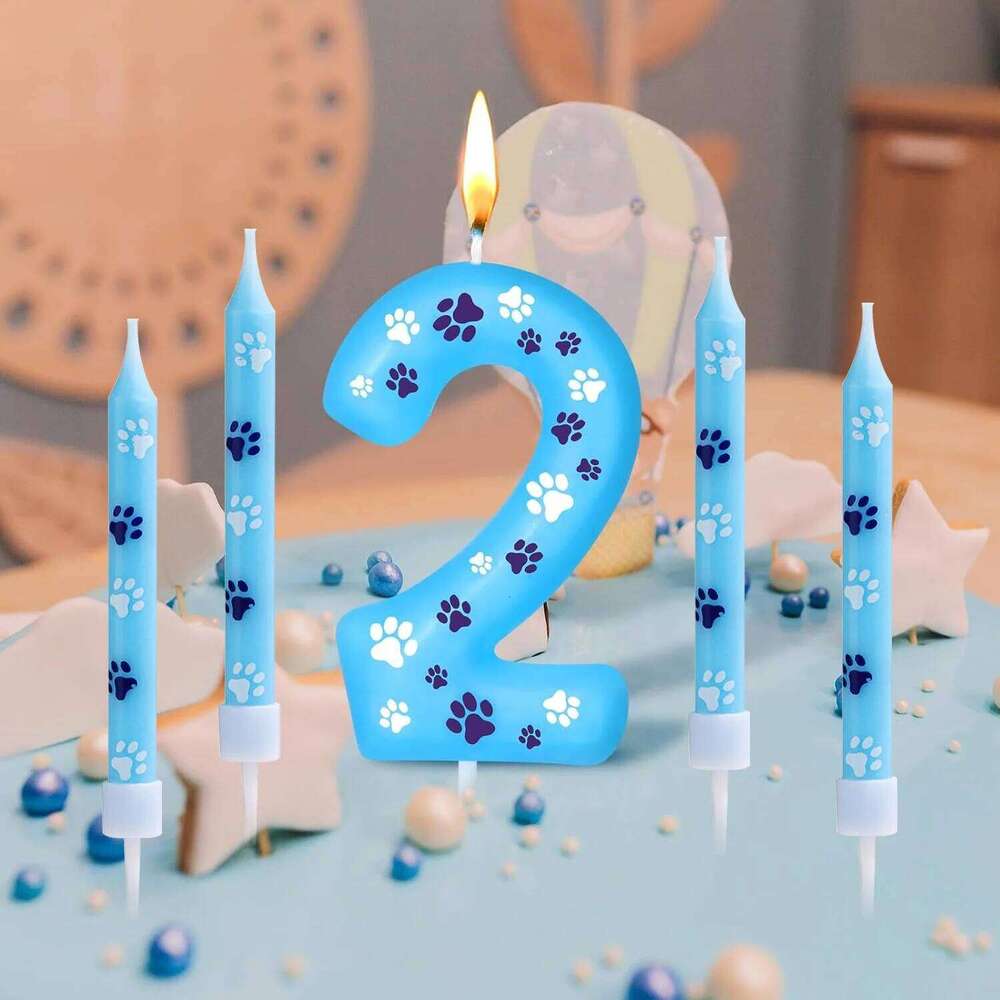 0-9 Blue White Candle Cake Top Digital Birthday Candle, Used for Boy and Girl Dog Claw Decoration Candles S260204