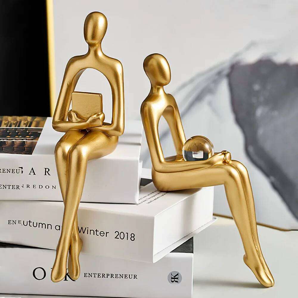 New Resin Human Body Art Abstract Design Golden Finish Figure Statue Thinking Reading Man Desktop Ornament Home Decor S260204