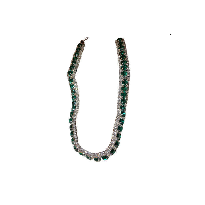 Diamond-encrusted Emerald Square Necklace Two-piece Elegant Earrings Niche Versatile Set for Women Light Luxury Style