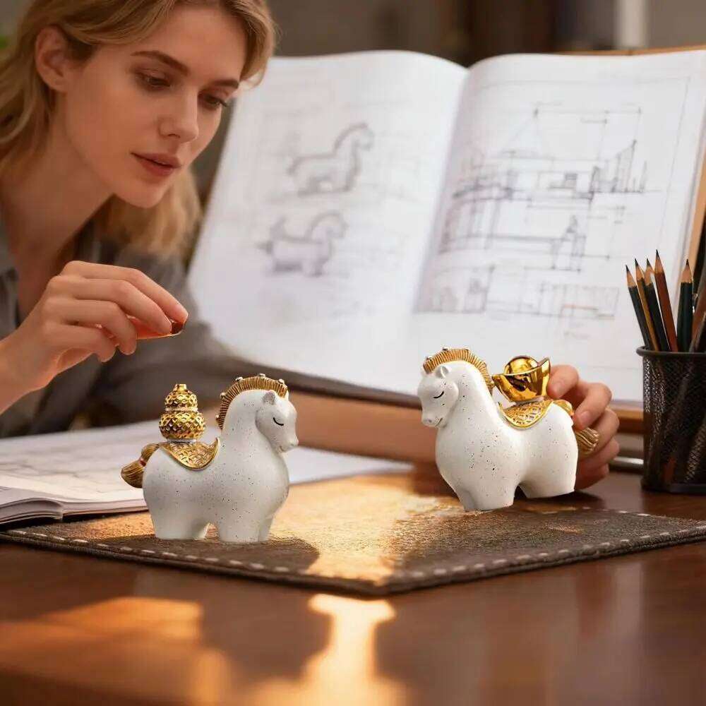 New Year Resin Figurine Mascot Chinese Style Zodiac Horse Ornaments Rotatable Desktop Ornament Bookshelf