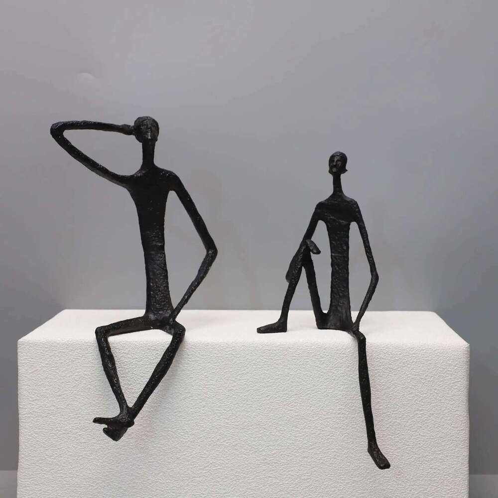 Modern Abstract Thin Metal Figure Sculpture Set, Sitting Thinker Figurine, Vintage Iron Art Statue for Home Office Desktop Decor S260204
