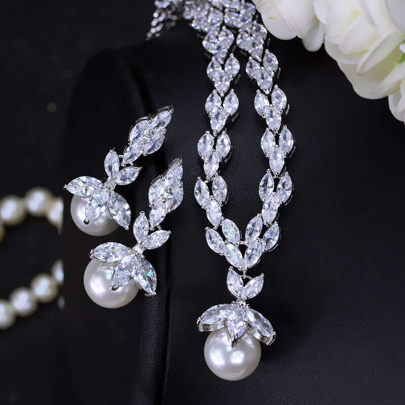 Minimalist Bride Zircon Imitation Pearl Necklace Earring Set Bracelet Ring Wedding Evening Party Dress Accessories