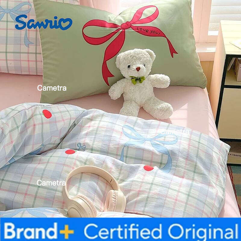 Sanrio Cute Cartoon Cat Bedding Set Simple Duvet Cover Washed Cotton Flat Bed Sheets Pillowcase Single Double For Kids Decor Home H260205