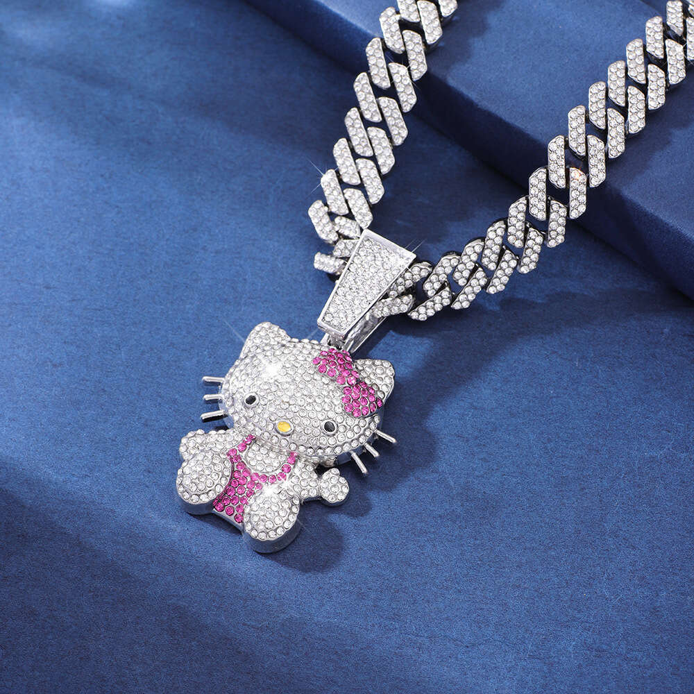 European and American 3D Animal Cat Pendant Zinc Alloy Full Diamond Oil Drop Hip-Hop Expert Cuban Chain Necklace