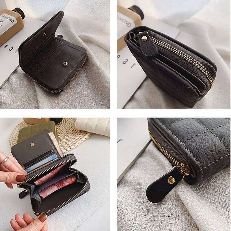 Women Fashion Zipper Wallet with Coin Purse PU Leather Plaid Purses Ladies Cute Mini Korean Version Small Card Pack New In Z260205
