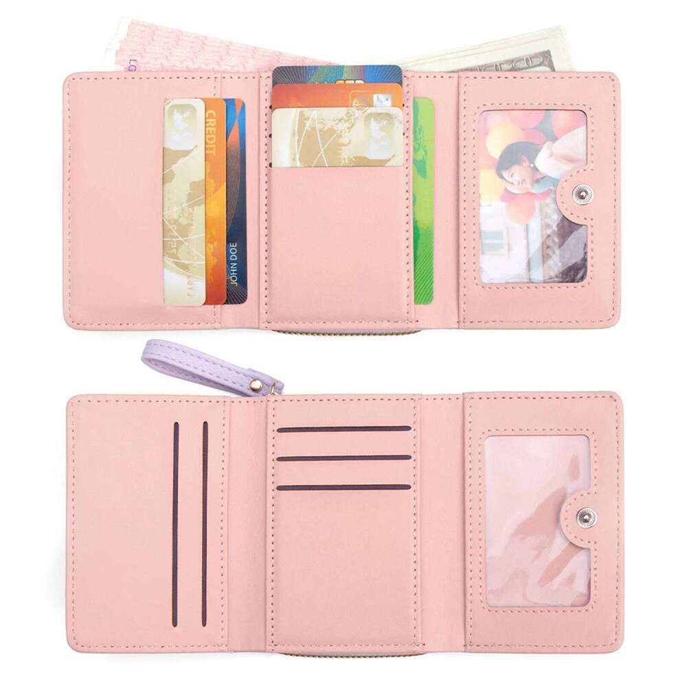 Women Short Tri-fold Wallet with Heart Embroidery Multiple Slots Compact Card Holder Lightweight Purse Organizer Z260205