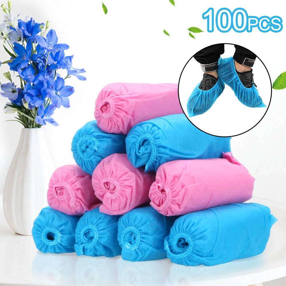 100PCS Pink Elastic Band Non-Woven Fabric Shoe Covers Disposable Anti-Slip Dustproof Breathable Overshoes for Home Use S260204 375