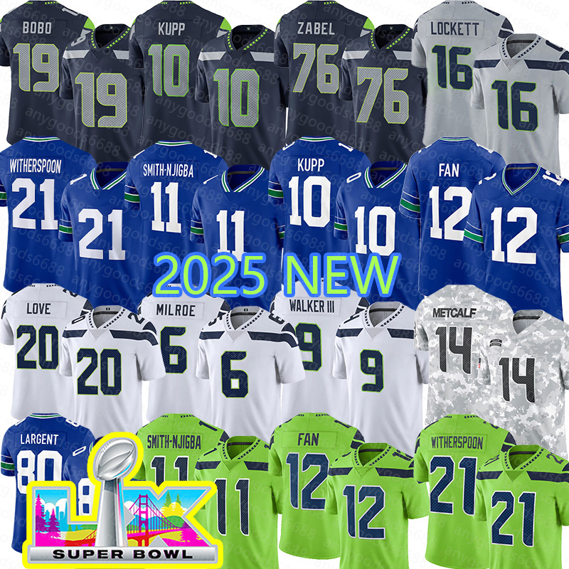 12 FAN Football Jerseys 76 Grey Zabel 11 Jaxon Smith-Njigba 10 Cooper Kupp 21 Devon Witherspoon 9 Kenneth Walker III 14 Sam Darnold 19 Jake Bobo 6 Jalen Milroe