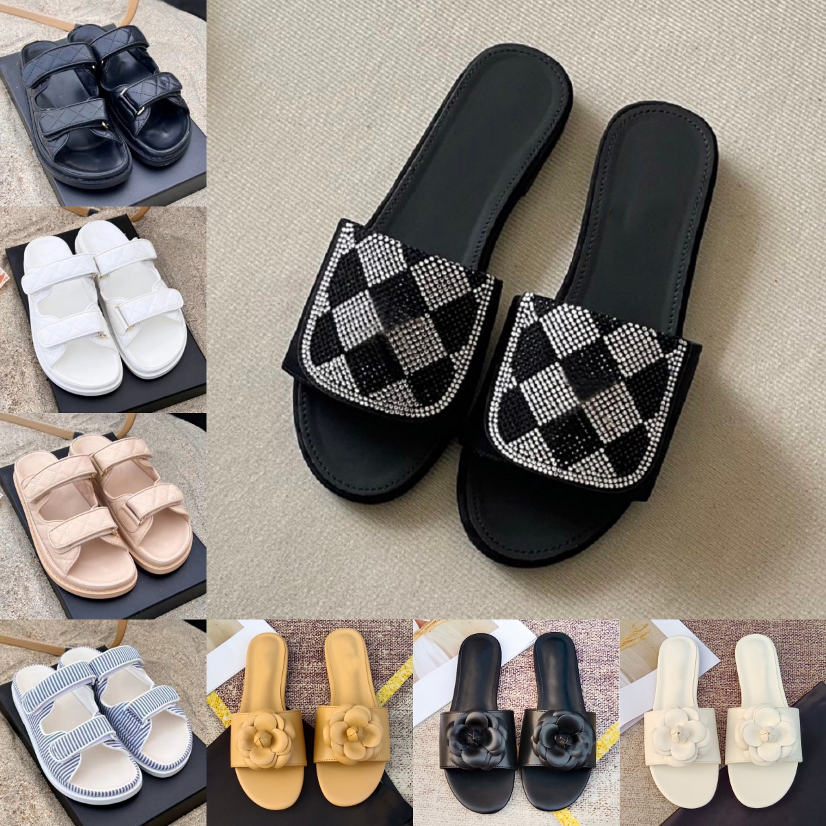 Metallic Designer Slippers Women Luxury 10A Sandals Flat Slides Fashion Crystals Denim Black White Pink Beige Lady Spring Summer Beach Casual Flip Flops Sucffs