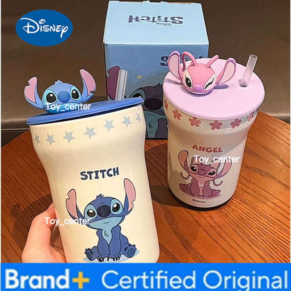 Disney Stitch Angel 2025 New High Aesthetic Ceramic Mug With Lid And Straw Couple Coffee Milk Cup Birthday Gift For Couples H260205