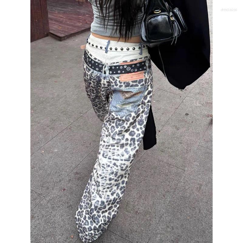 Women's Jeans Baggy Y2k Leopard Japanese 2000s Hip Hop Oversize Graffiti 3D Jean Pants Vintage Harajuku Denim Trousers