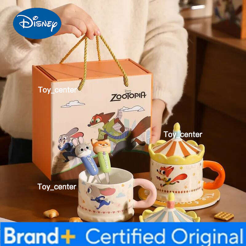 Disney Zootopia Judy Nick Couple Ceramic Mug With Carousel Lid And Spoon Cartoon Coffee Tea Cup Birthday Gift For Girls Couples H260205