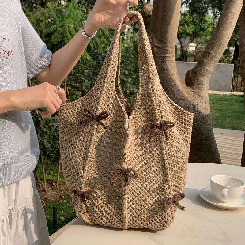 New Khaki Bow Vintage Knit High Quality Woven Large Capacity Daily Wear Shoulder Bag Ladies Hand Bags Y260204