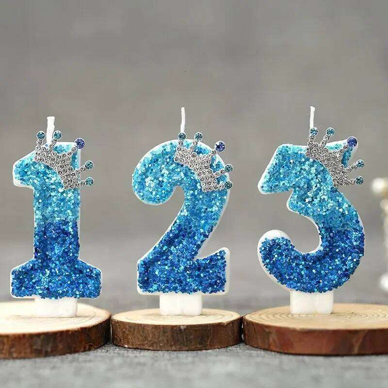 Blue Cake Topper Creative Number 0-9 Candle Princess Crown Girl 1st Happy Birthday Party Decoration S260204