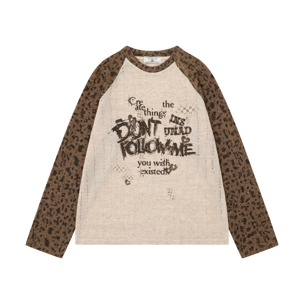 Color Block Leopard Print Long Sleeve T-Shirt Loose Fit Mens Spring Autumn Ins American Street Style Letter Graffiti Print Tee