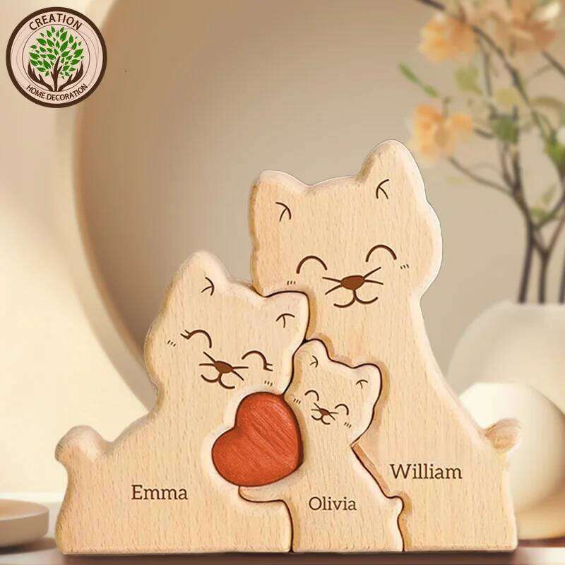 Wooden Cat Art Puzzle Warm Family Handmade Laser Engraving Gifts for Mom Anniversary Thanksgiving Christmas Crafts Ornaments S260204
