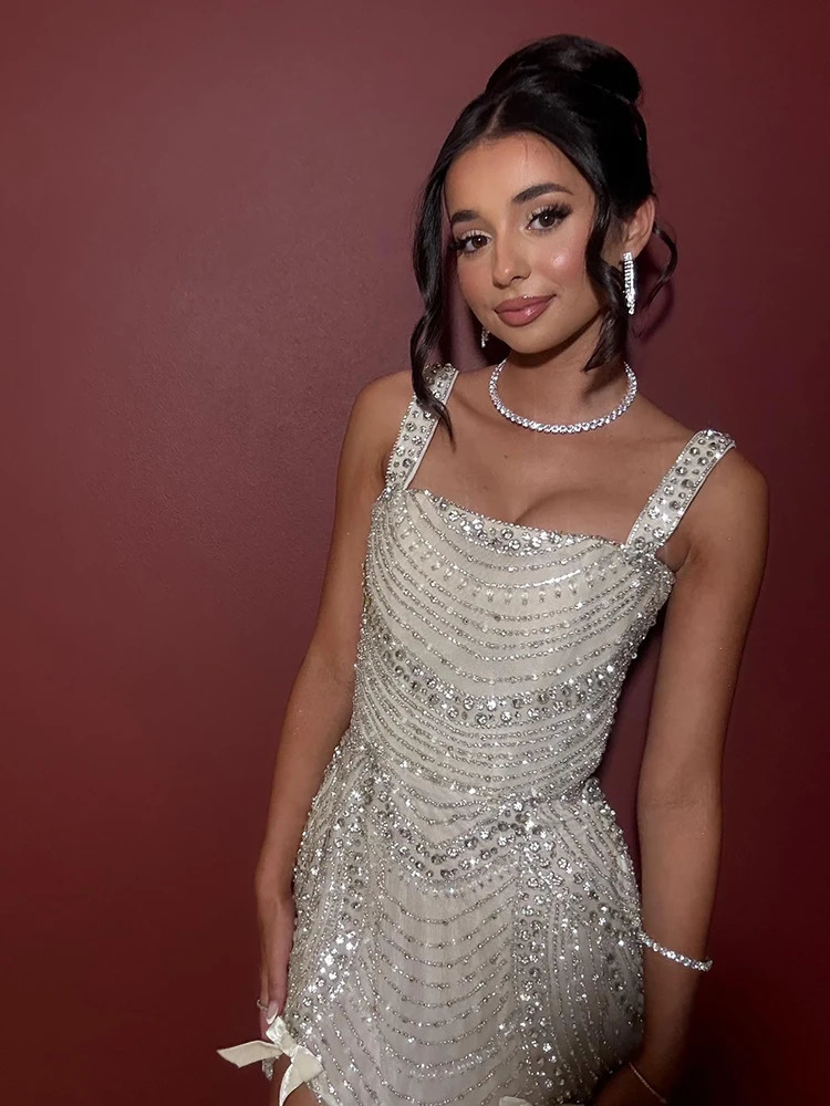 VC Womens Nude Rhinestone Mini Dress Spaghetti Strap Bodycon Party Sparkly Crystal Embellished Club Cocktail 260127