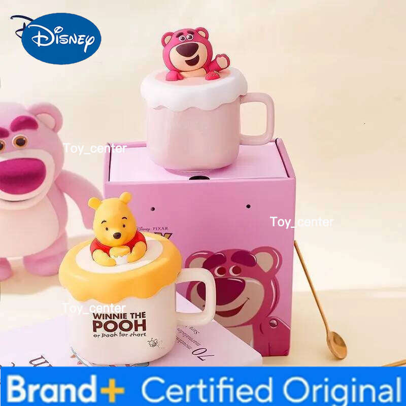 Disney Pooh Bear Lotso Cartoon Anime Couples Mug Cute Ceramic Milk Creative Cup Lid Home Decoration Gift for Girls H260205