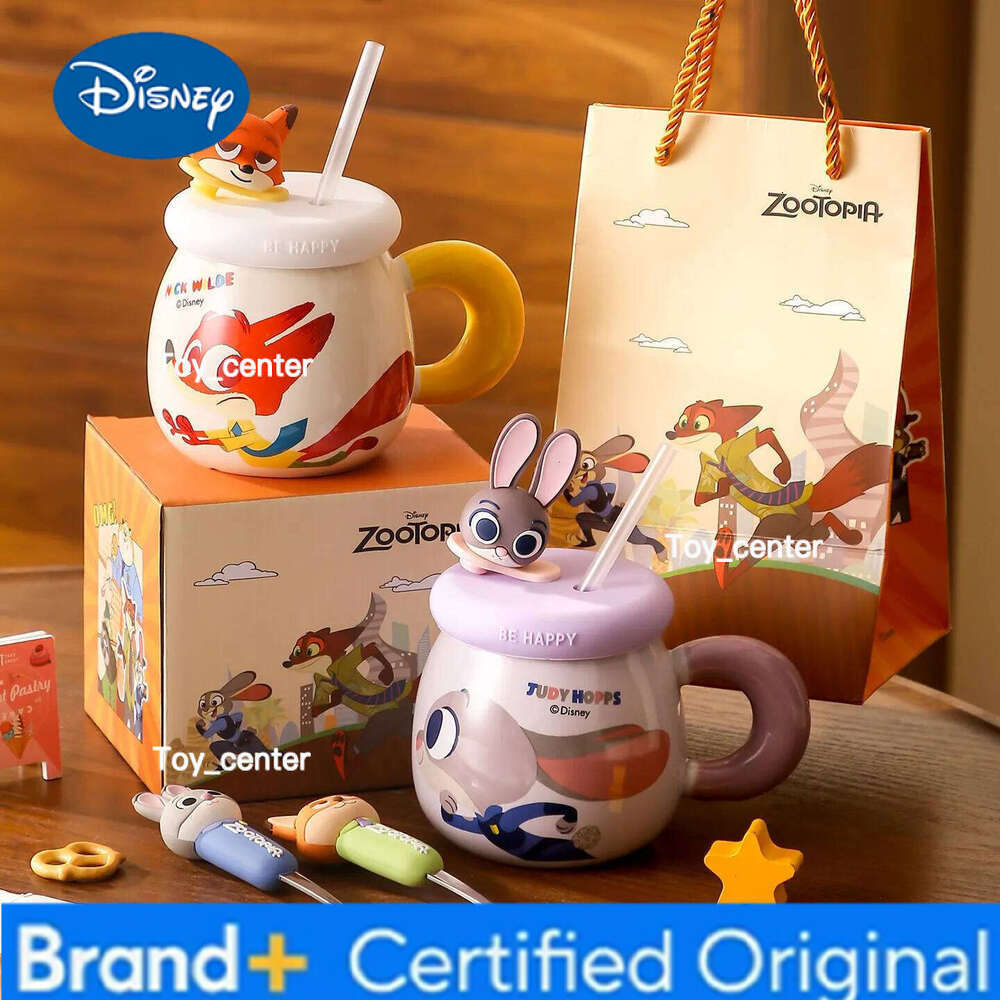 Disney Zootopia Large Capacity Water Cups Couple Cartoon Ceramic Breakfast Milk Mugs with Lid and Straw Creative Office Coffee Cup H260205