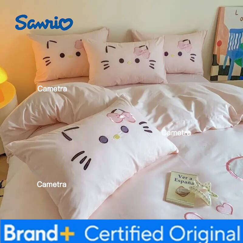 Sanrio Genuine Kitty 4pcs 100%cotton Patch Embroidered Ins Cartoon Quilt Cover Bed Sheet Pillowcase 3pcs Set H260205